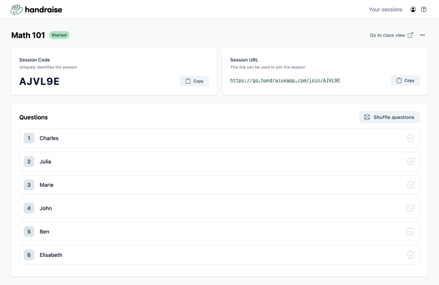 Handraise dashboard screenshot